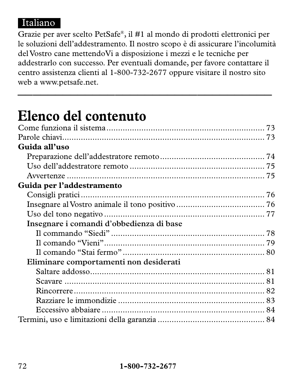 Elenco del contenuto, Italiano | Petsafe Collarless Remote Trainer User Manual | Page 72 / 88