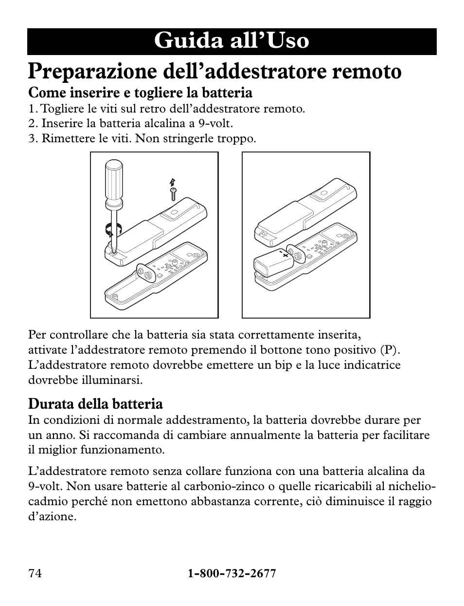 Come inserire e togliere la batteria, Durata della batteria | Petsafe Collarless Remote Trainer User Manual | Page 74 / 88