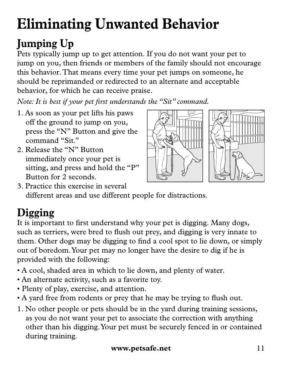 Eliminating unwanted behavior, Jumping up, Digging | Petsafe Collarless Remote Trainer User Manual | Page 11 / 16