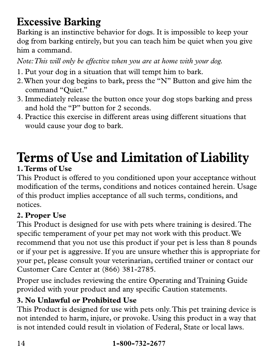 Terms of use and limitation of liability, Excessive barking | Petsafe Collarless Remote Trainer User Manual | Page 14 / 16