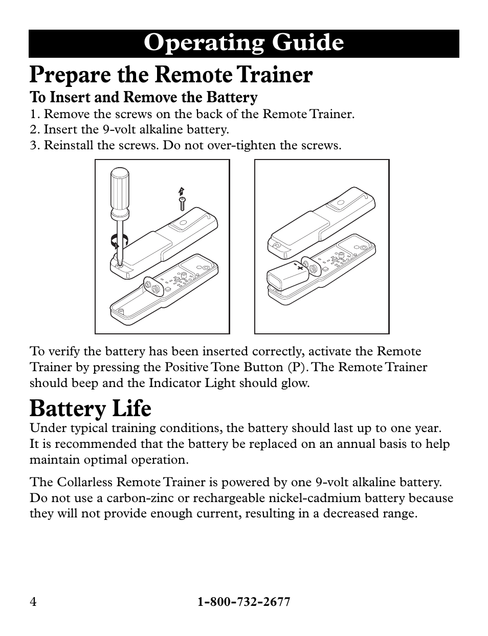 Operating guide prepare the remote trainer, Battery life | Petsafe Collarless Remote Trainer User Manual | Page 4 / 16