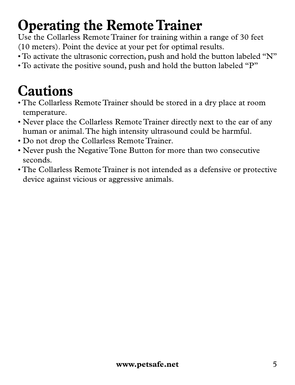 Operating the remote trainer, Cautions | Petsafe Collarless Remote Trainer User Manual | Page 5 / 16