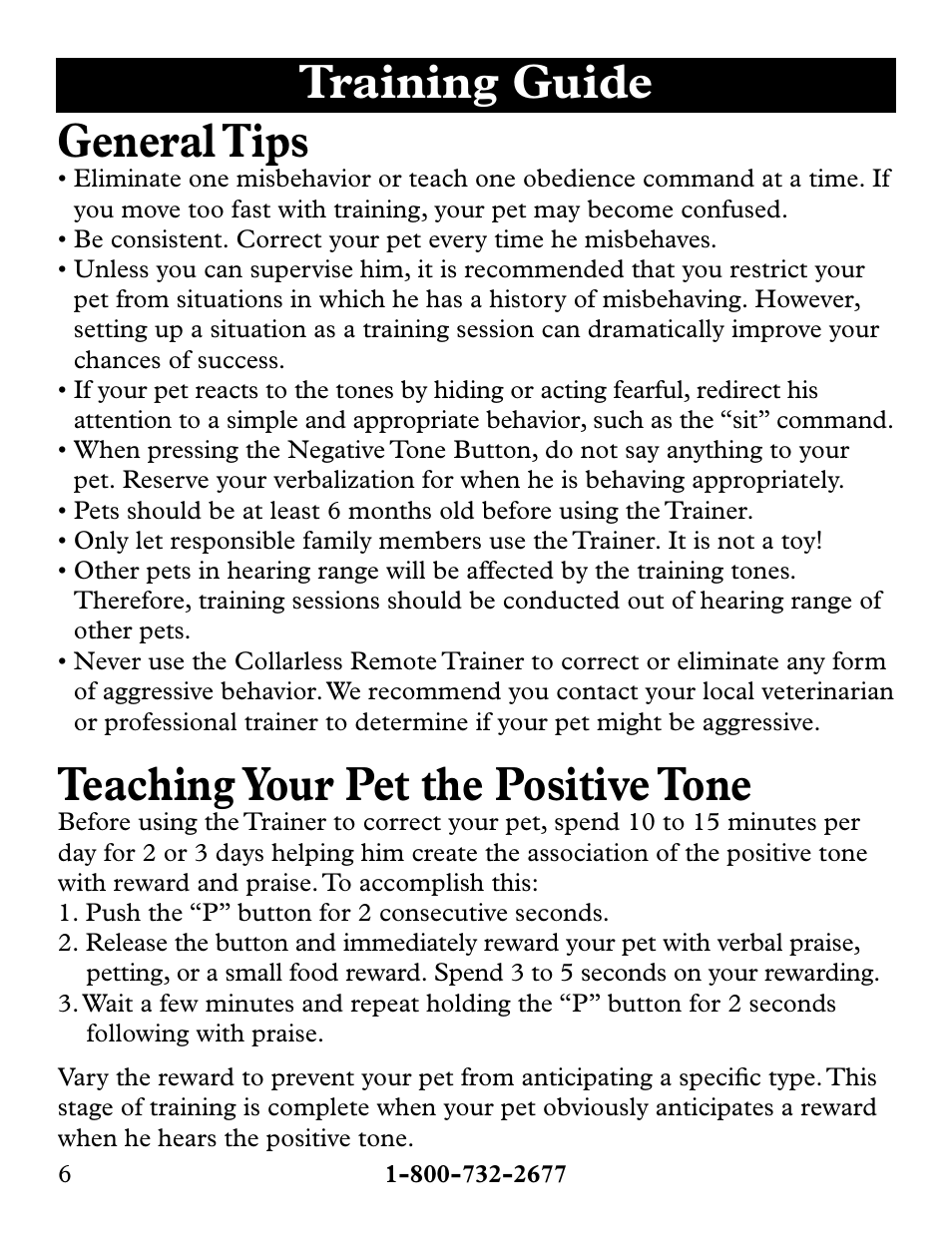 Training guide general tips, Teaching your pet the positive tone | Petsafe Collarless Remote Trainer User Manual | Page 6 / 16