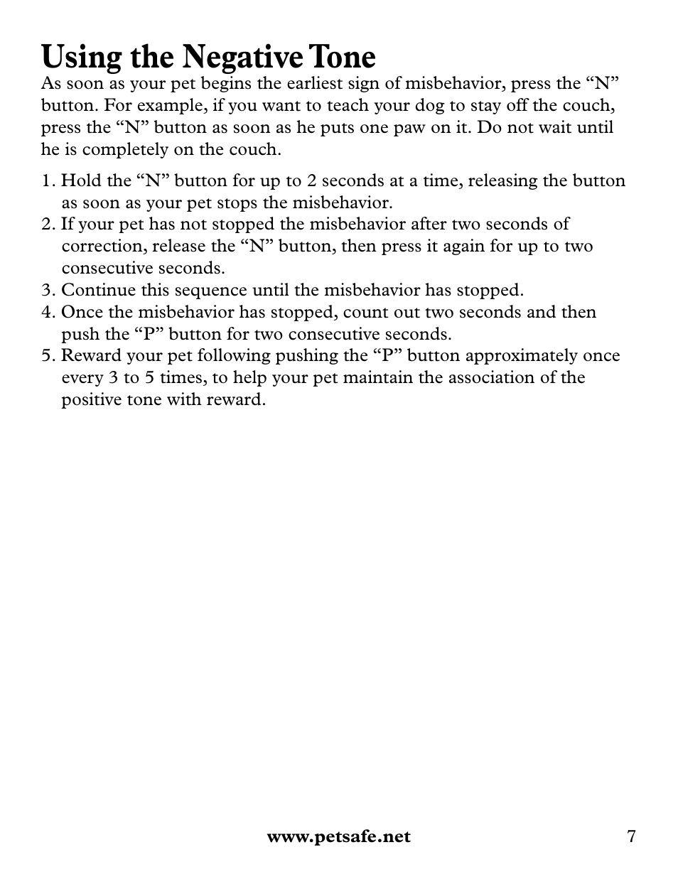 Using the negative tone | Petsafe Collarless Remote Trainer User Manual | Page 7 / 16