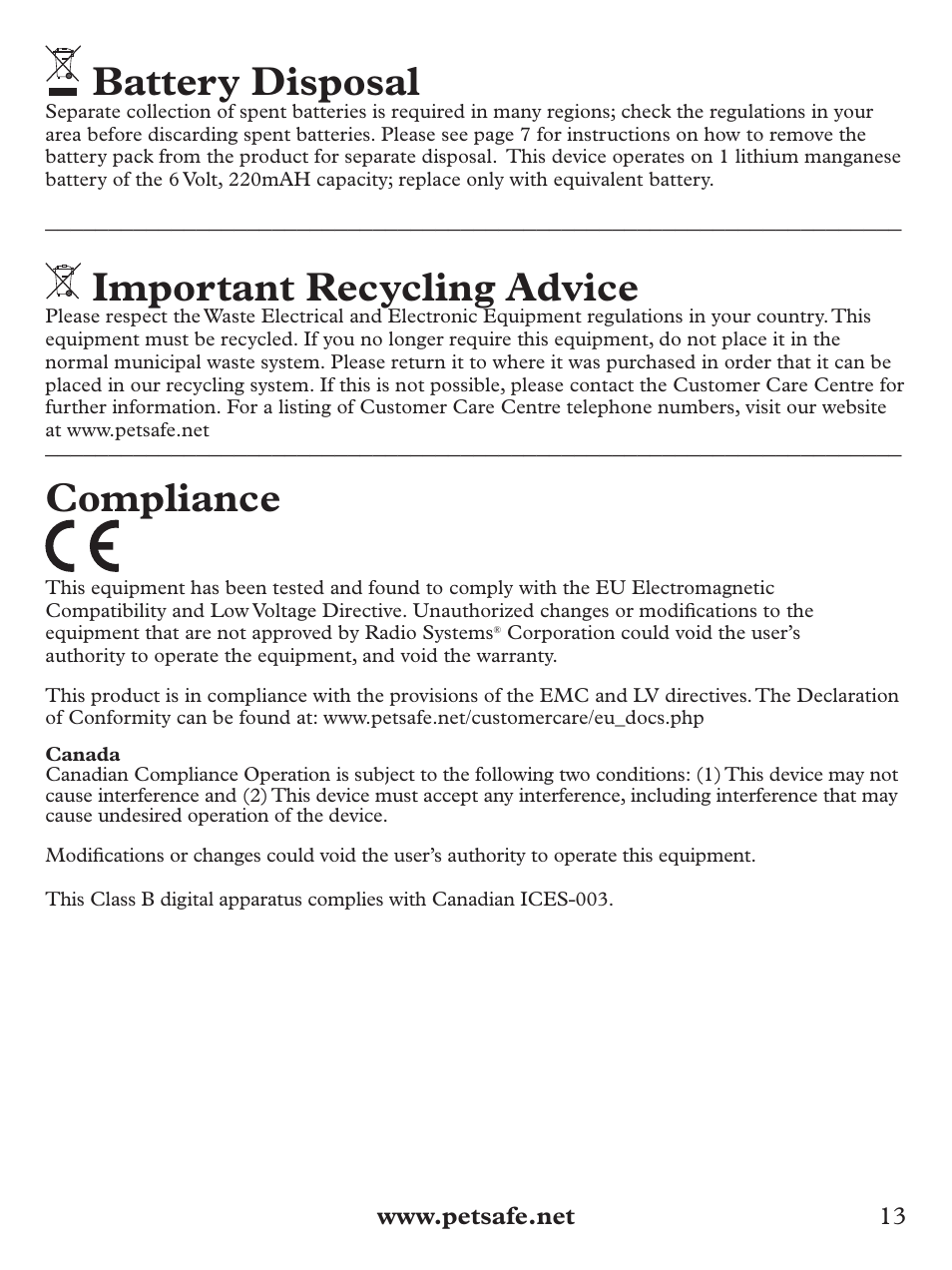 Battery disposal, Important recycling advice, Compliance | Petsafe Deluxe Bark Control User Manual | Page 13 / 96