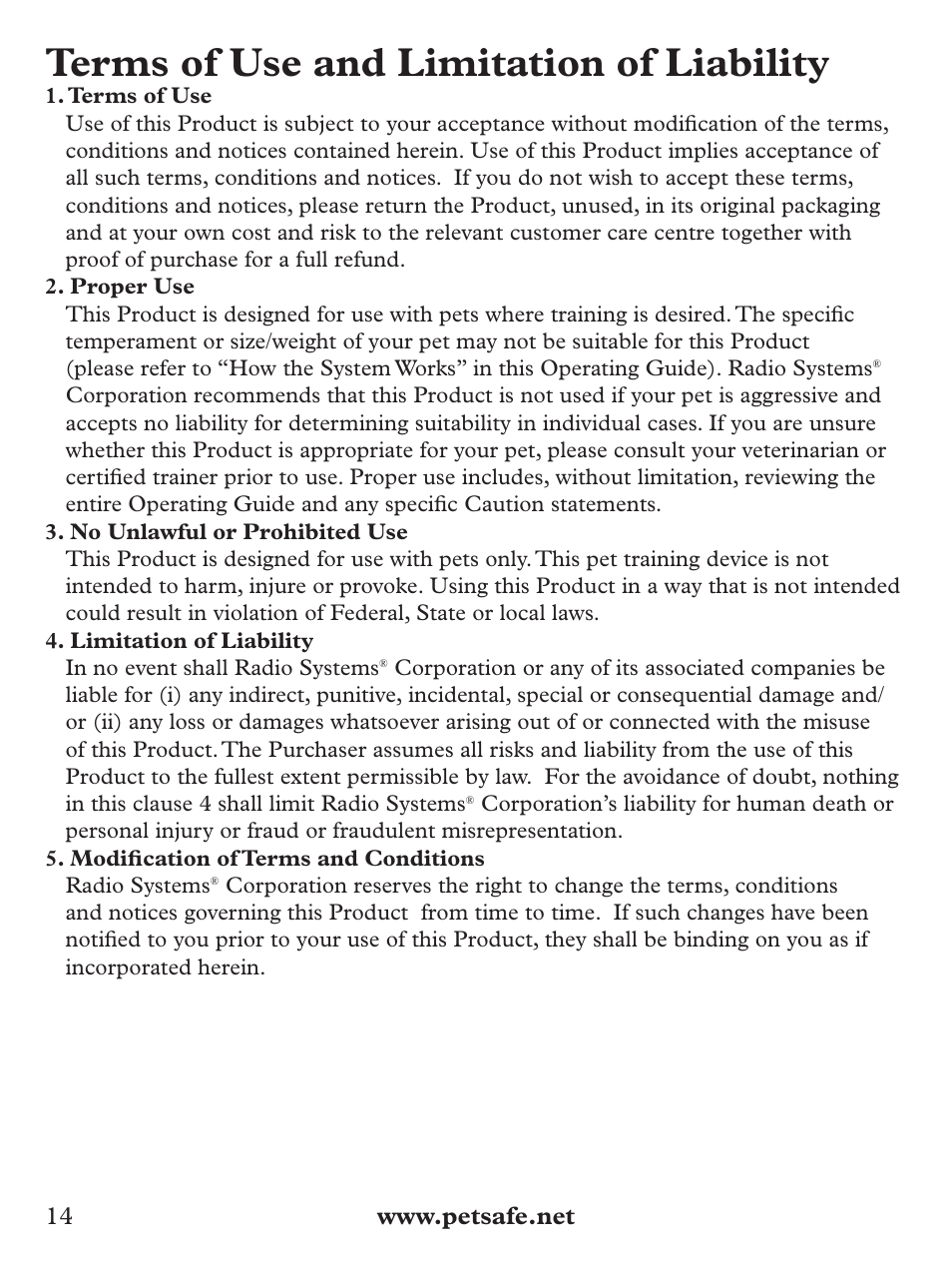 Terms of use and limitation of liability | Petsafe Deluxe Bark Control User Manual | Page 14 / 96