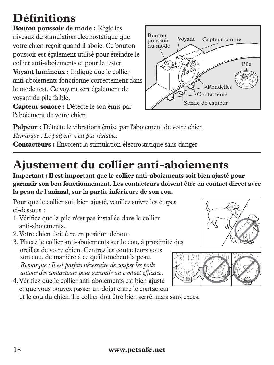 Défi nitions, Ajustement du collier anti-aboiements | Petsafe Deluxe Bark Control User Manual | Page 18 / 96