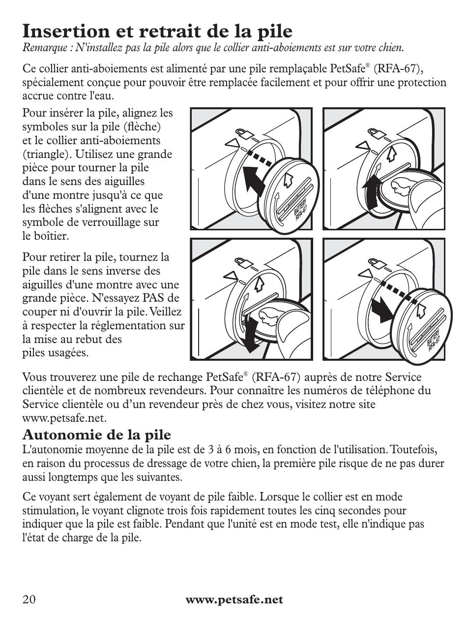 Insertion et retrait de la pile, Autonomie de la pile | Petsafe Deluxe Bark Control User Manual | Page 20 / 96