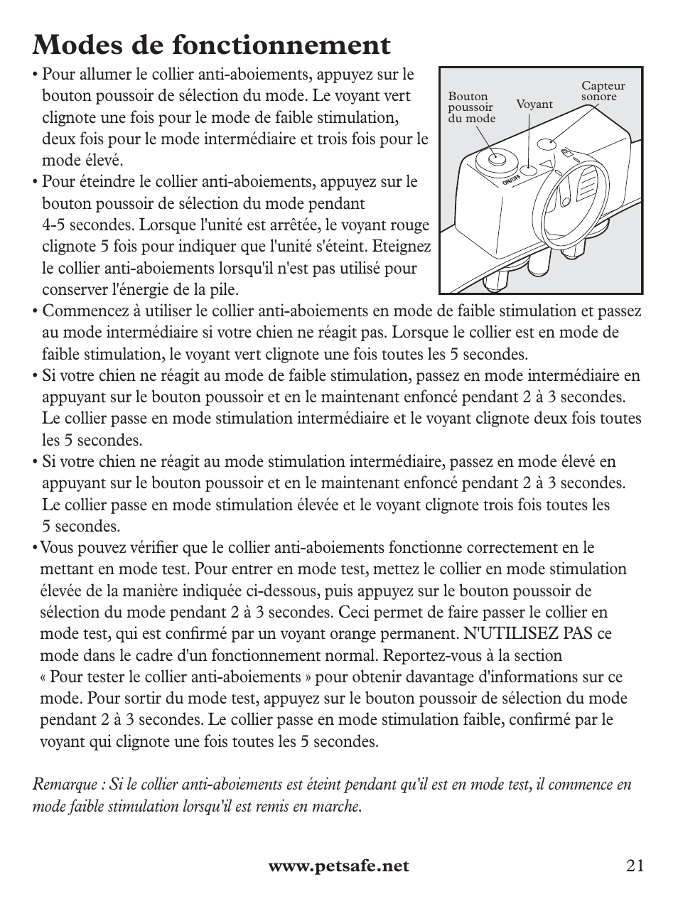 Modes de fonctionnement | Petsafe Deluxe Bark Control User Manual | Page 21 / 96