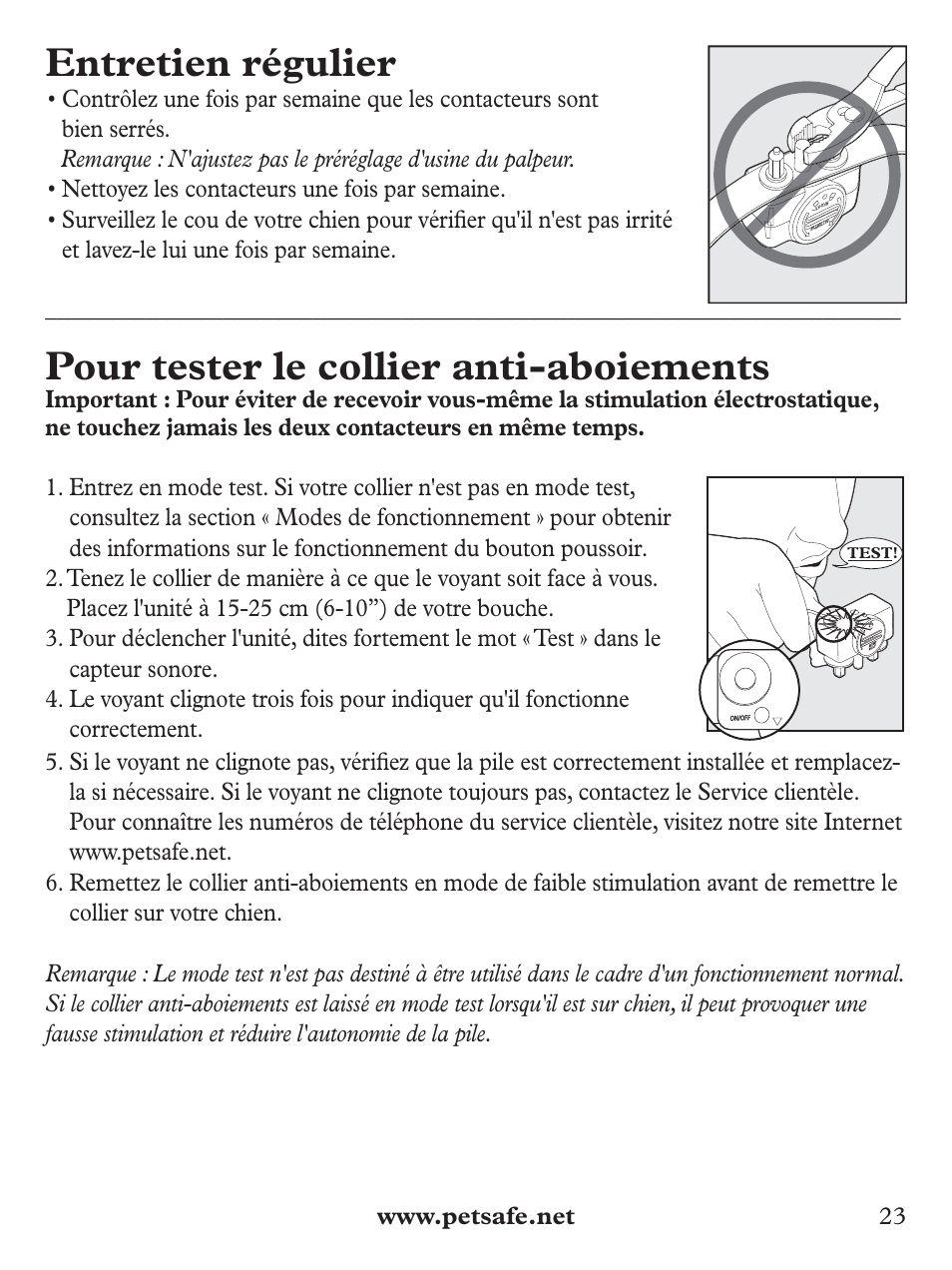 Entretien régulier, Pour tester le collier anti-aboiements | Petsafe Deluxe Bark Control User Manual | Page 23 / 96