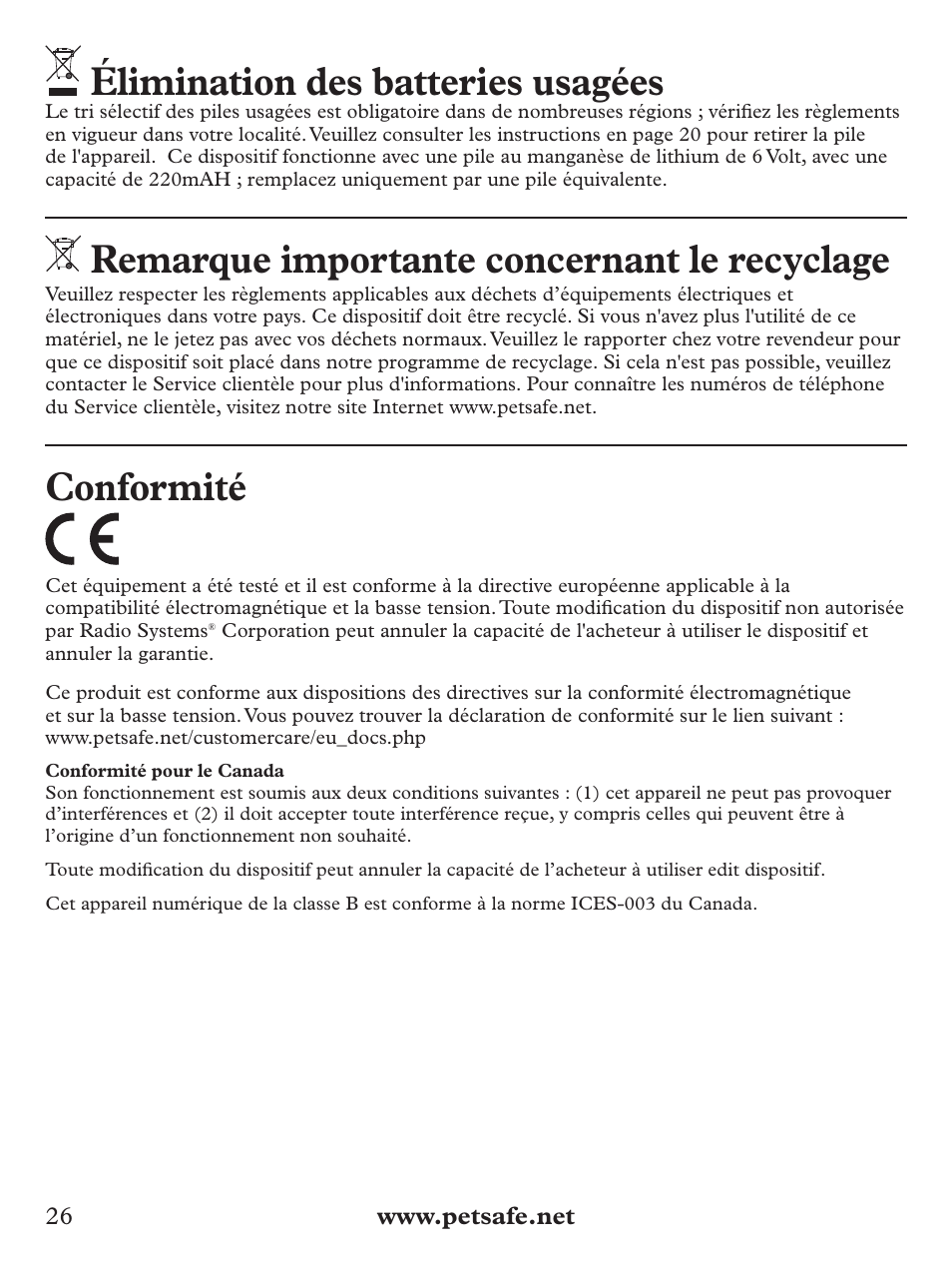 Élimination des batteries usagées, Remarque importante concernant le recyclage, Conformité | Petsafe Deluxe Bark Control User Manual | Page 26 / 96