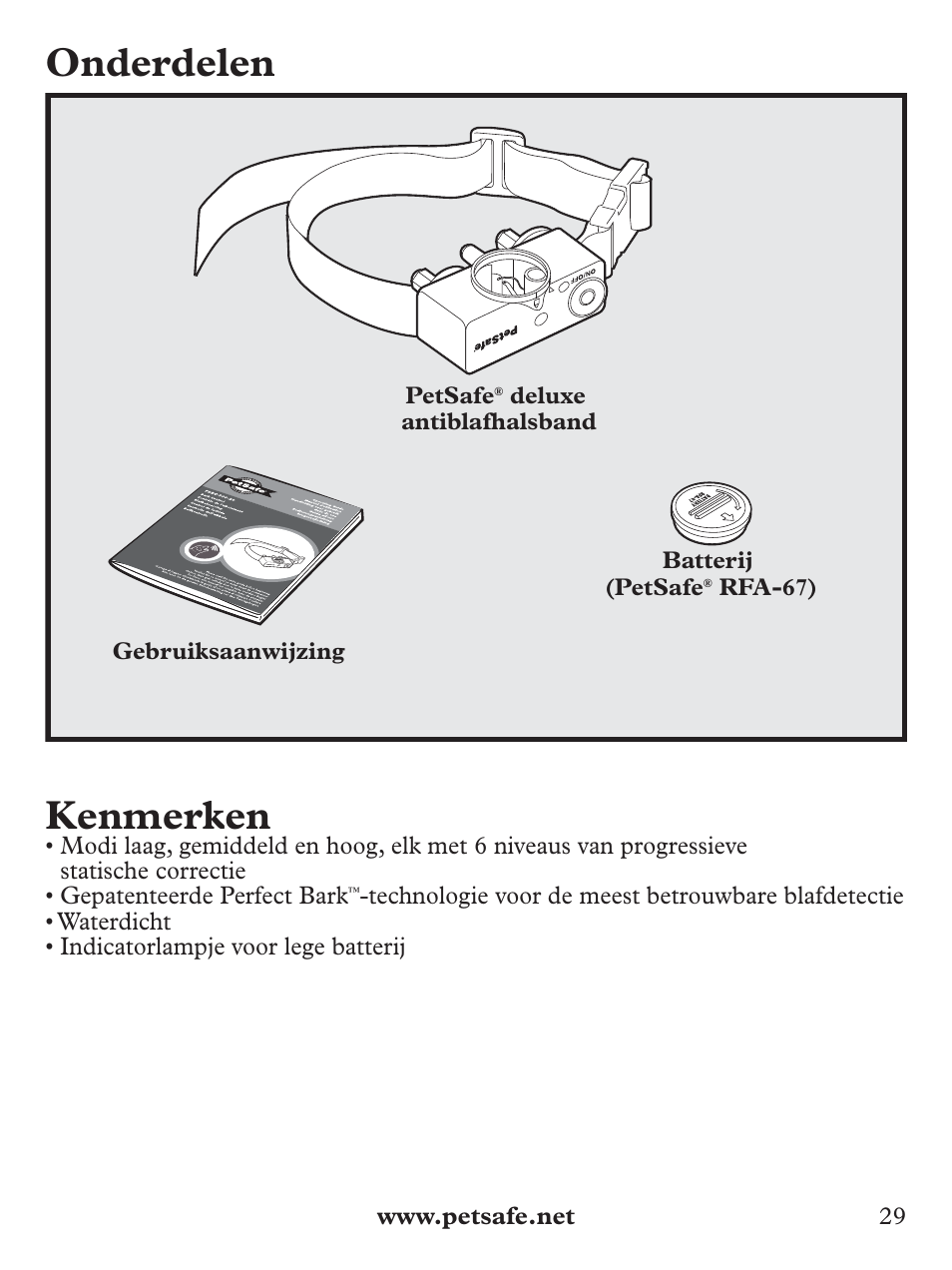 Onderdelen, Kenmerken | Petsafe Deluxe Bark Control User Manual | Page 29 / 96
