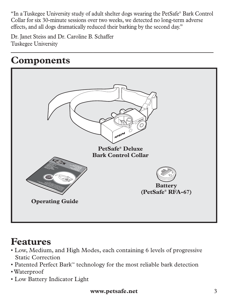 Components, Features | Petsafe Deluxe Bark Control User Manual | Page 3 / 96