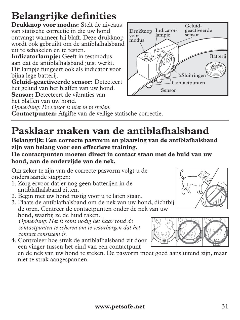 Belangrijke defi nities, Pasklaar maken van de antiblafhalsband | Petsafe Deluxe Bark Control User Manual | Page 31 / 96