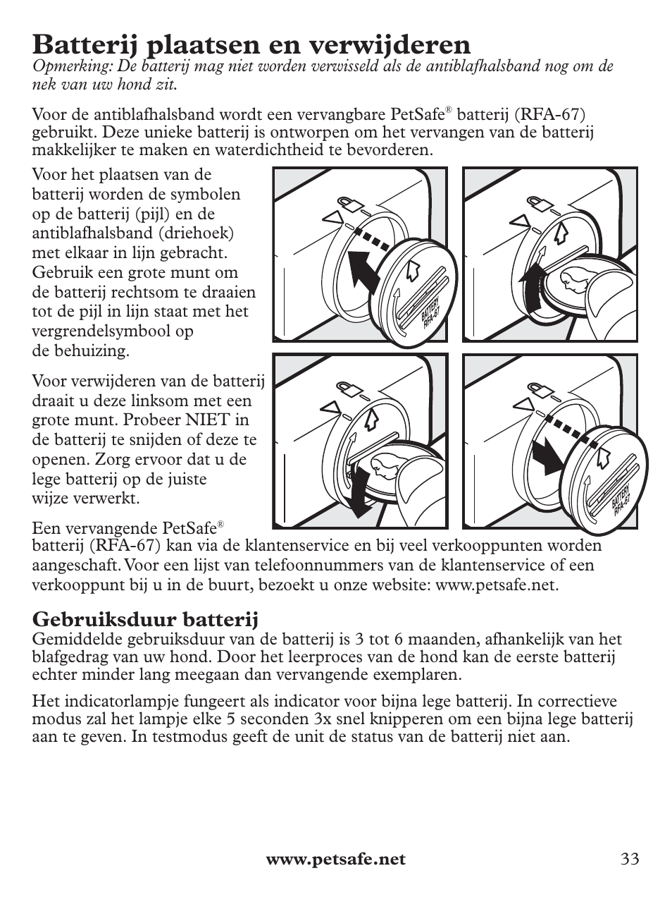 Batterij plaatsen en verwijderen, Gebruiksduur batterij | Petsafe Deluxe Bark Control User Manual | Page 33 / 96