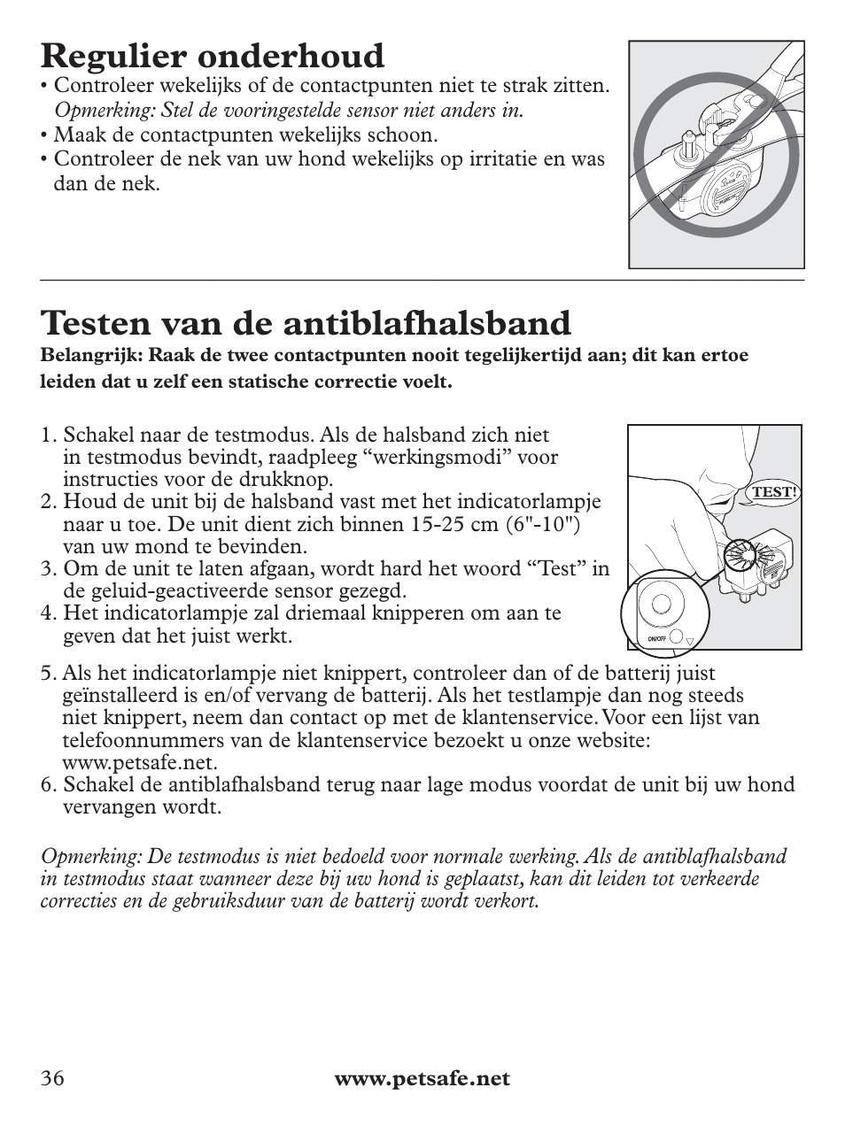 Regulier onderhoud, Testen van de antiblafhalsband | Petsafe Deluxe Bark Control User Manual | Page 36 / 96