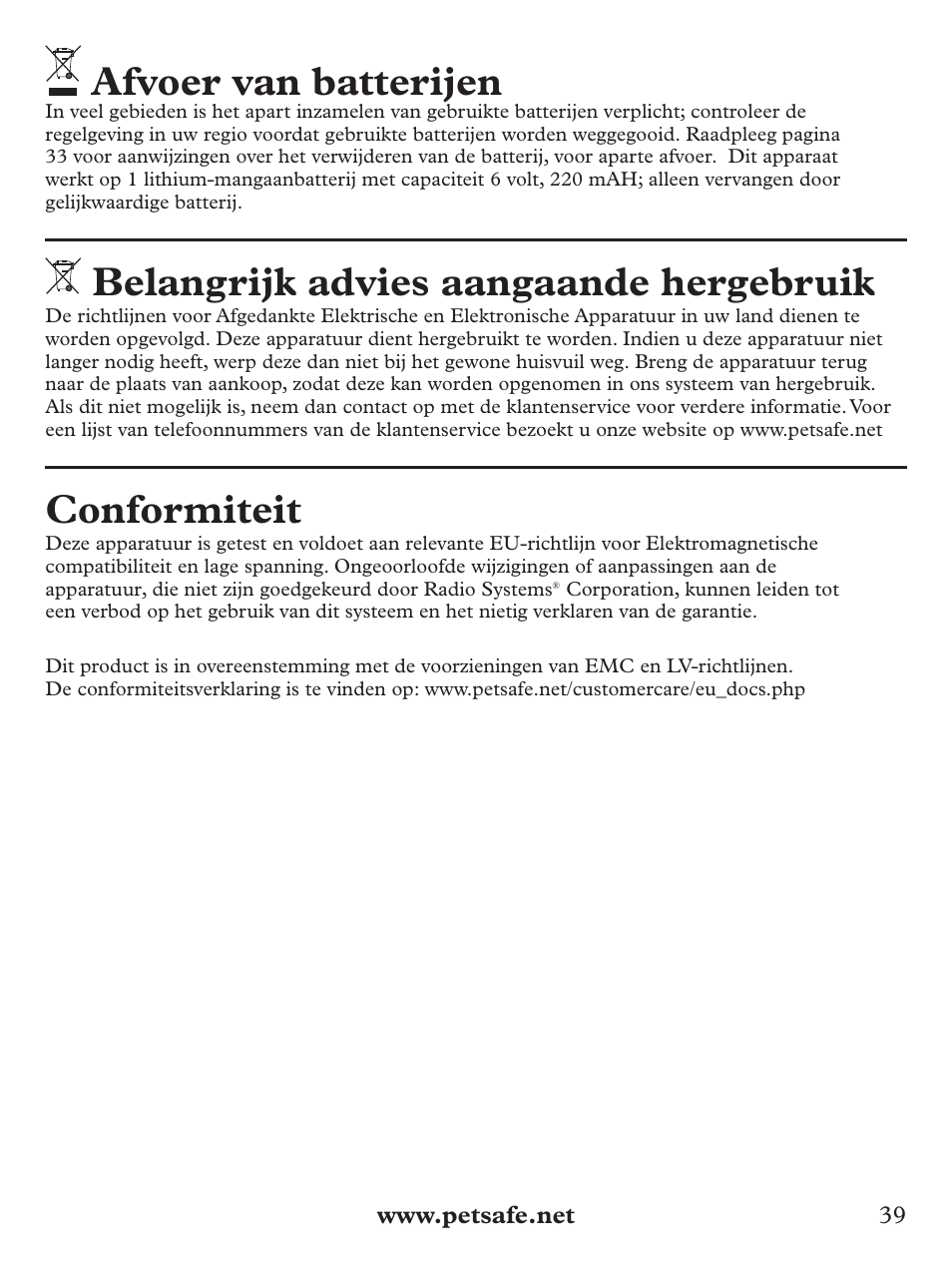 Afvoer van batterijen, Belangrijk advies aangaande hergebruik, Conformiteit | Petsafe Deluxe Bark Control User Manual | Page 39 / 96