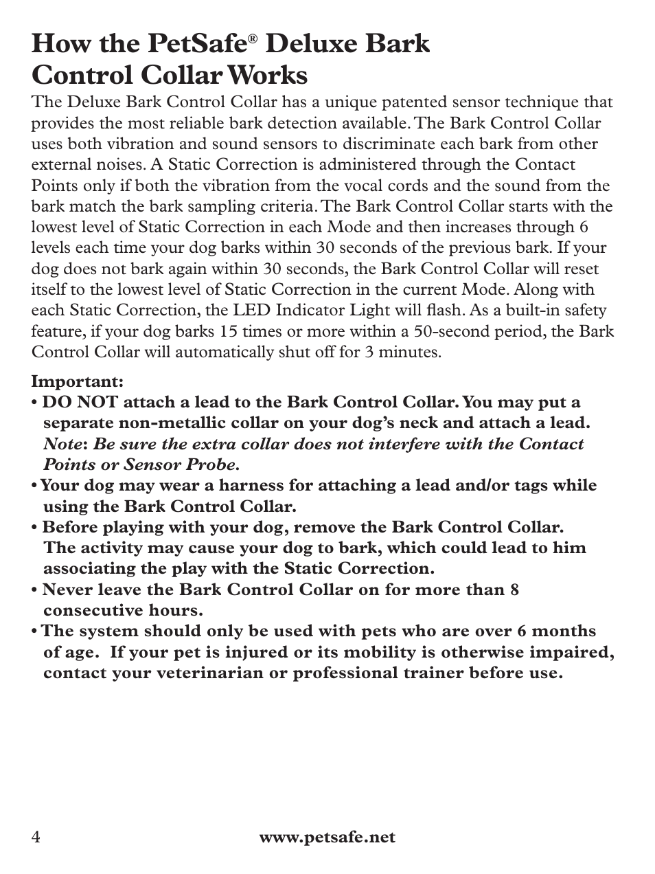 How the petsafe, Deluxe bark control collar works | Petsafe Deluxe Bark Control User Manual | Page 4 / 96