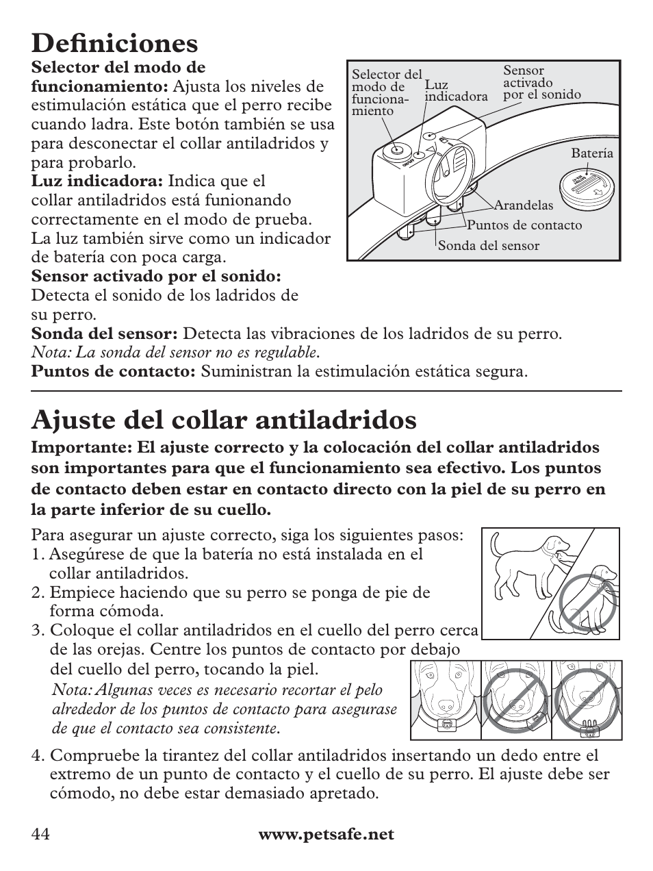 Defi niciones, Ajuste del collar antiladridos | Petsafe Deluxe Bark Control User Manual | Page 44 / 96