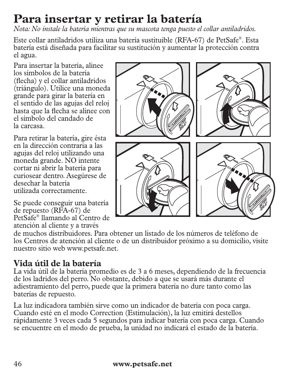 Para insertar y retirar la batería, Vida útil de la batería | Petsafe Deluxe Bark Control User Manual | Page 46 / 96