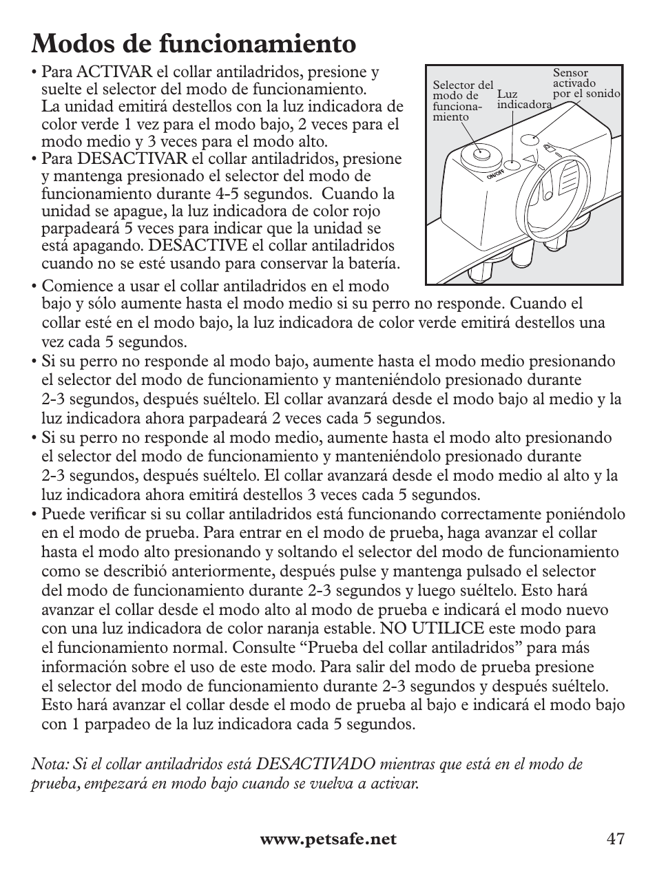 Modos de funcionamiento | Petsafe Deluxe Bark Control User Manual | Page 47 / 96