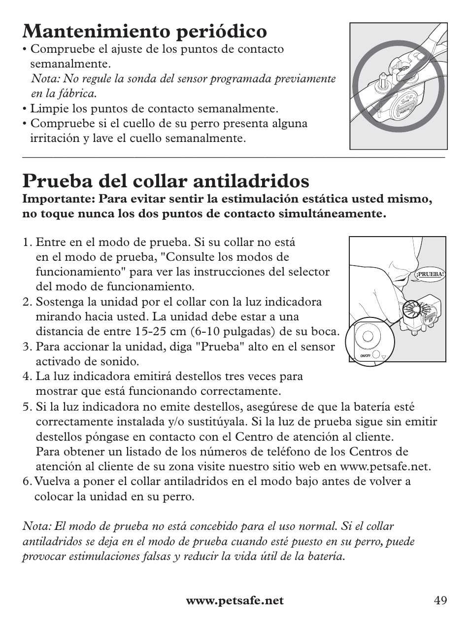 Mantenimiento periódico, Prueba del collar antiladridos | Petsafe Deluxe Bark Control User Manual | Page 49 / 96