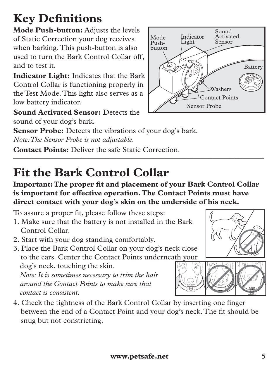 Key defi nitions, Fit the bark control collar | Petsafe Deluxe Bark Control User Manual | Page 5 / 96