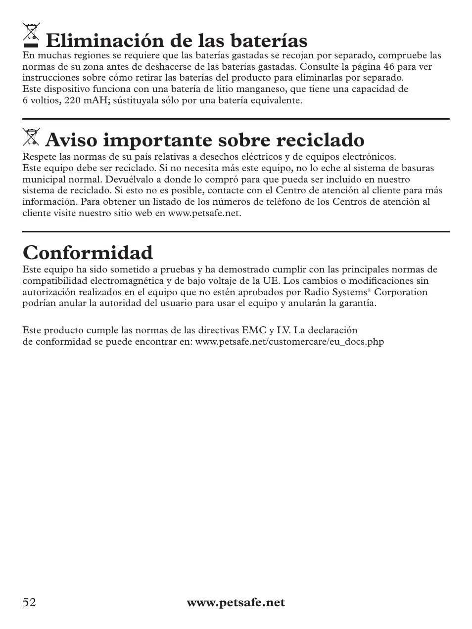 Eliminación de las baterías, Aviso importante sobre reciclado, Conformidad | Petsafe Deluxe Bark Control User Manual | Page 52 / 96