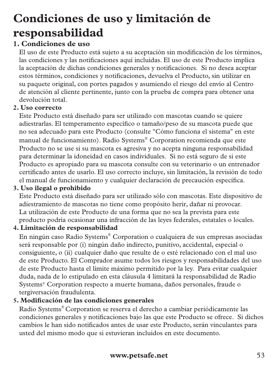 Condiciones de uso y limitación de responsabilidad | Petsafe Deluxe Bark Control User Manual | Page 53 / 96