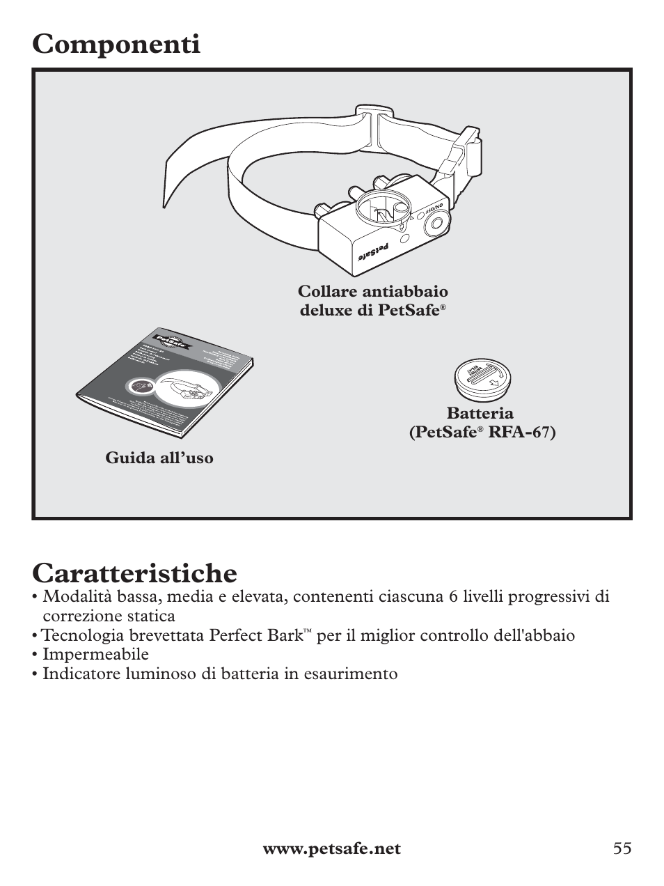 Componenti, Caratteristiche | Petsafe Deluxe Bark Control User Manual | Page 55 / 96