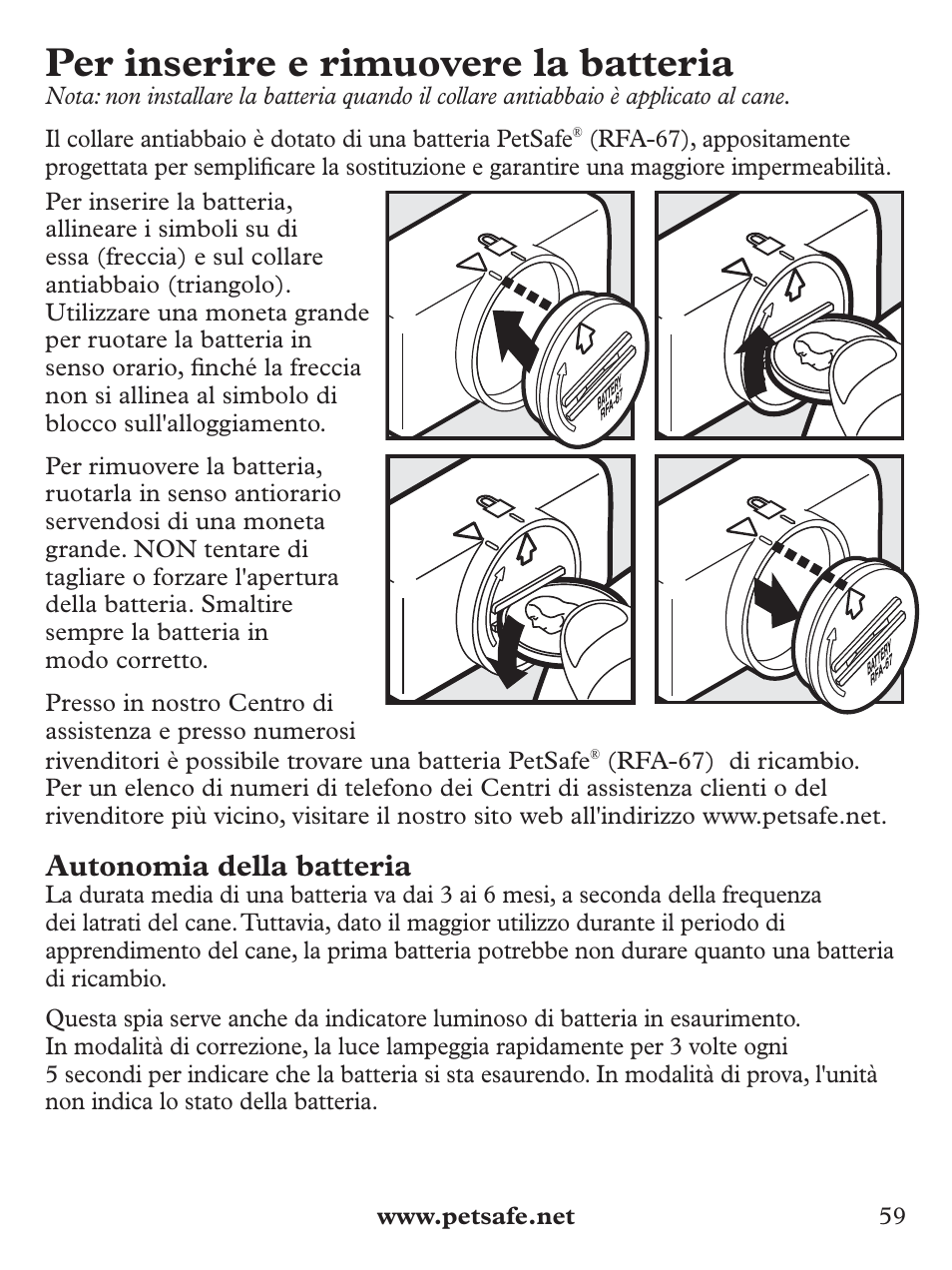 Per inserire e rimuovere la batteria, Autonomia della batteria | Petsafe Deluxe Bark Control User Manual | Page 59 / 96