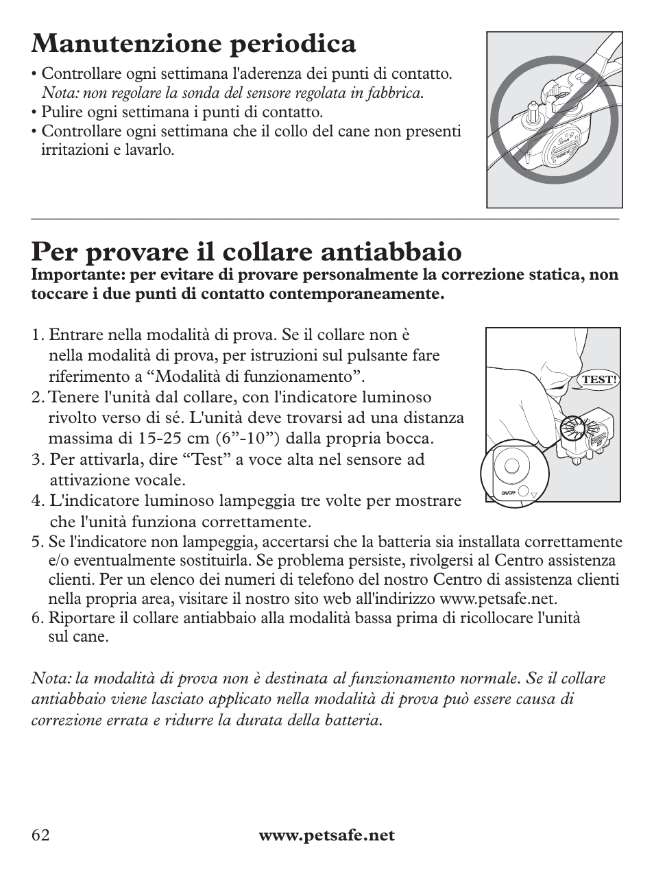 Manutenzione periodica, Per provare il collare antiabbaio | Petsafe Deluxe Bark Control User Manual | Page 62 / 96