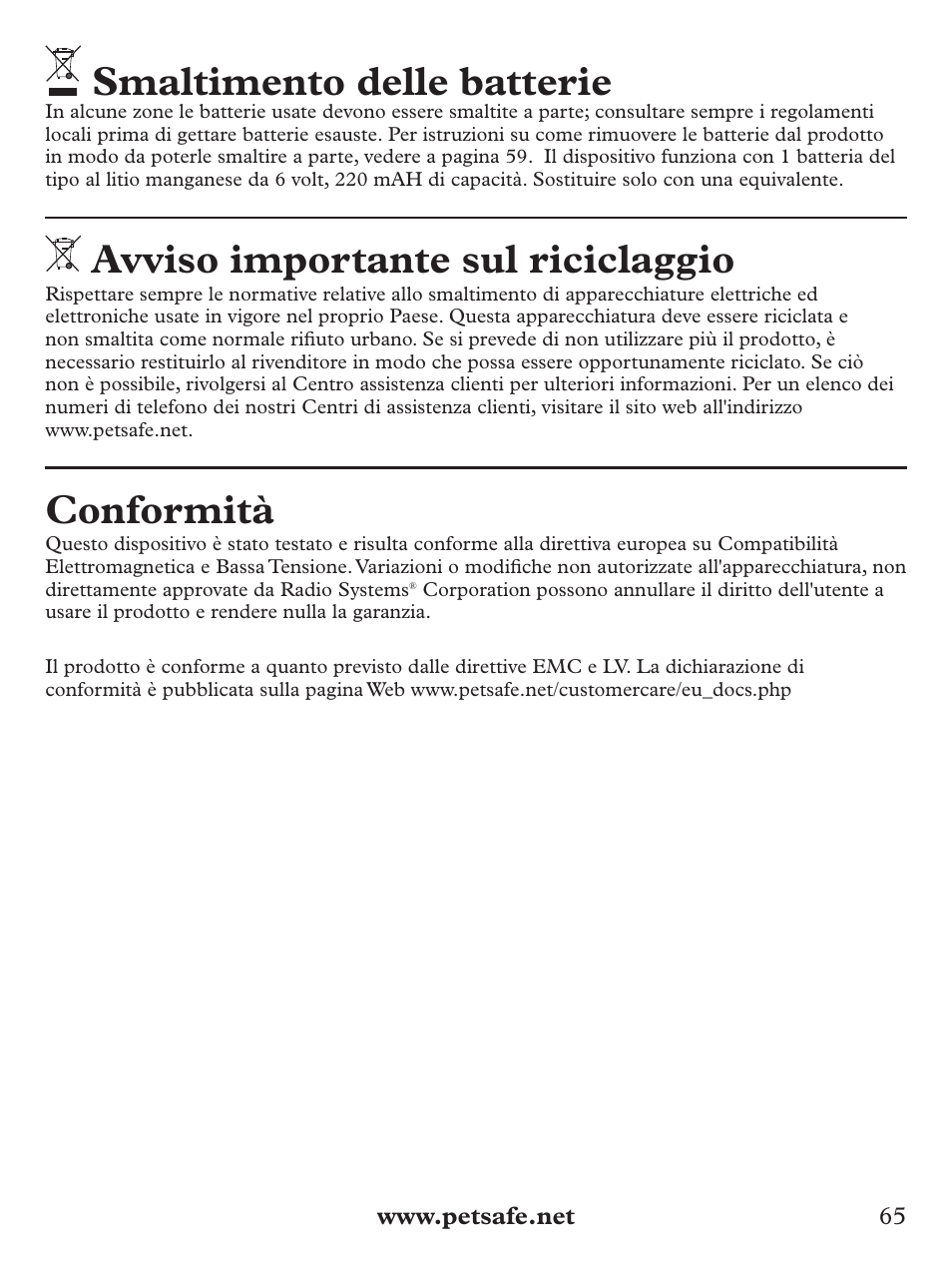 Smaltimento delle batterie, Avviso importante sul riciclaggio, Conformità | Petsafe Deluxe Bark Control User Manual | Page 65 / 96