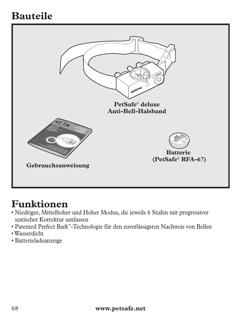 Bauteile, Funktionen, Gebrauchsanweisung batterie (petsafe | Rfa-67) petsafe, Deluxe anti-bell-halsband | Petsafe Deluxe Bark Control User Manual | Page 68 / 96
