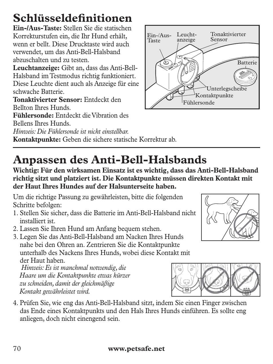 Schlüsseldefi nitionen, Anpassen des anti-bell-halsbands | Petsafe Deluxe Bark Control User Manual | Page 70 / 96