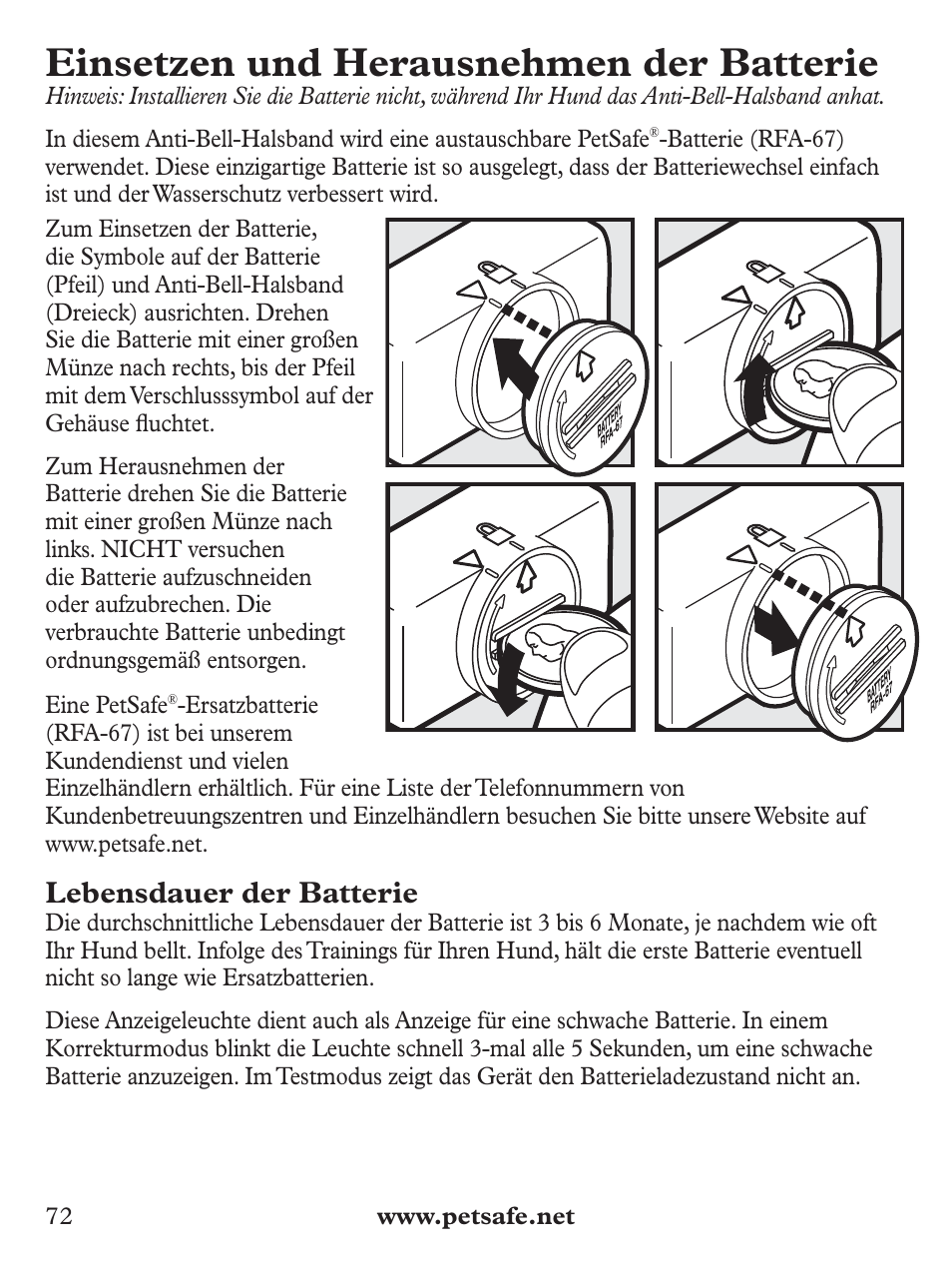 Einsetzen und herausnehmen der batterie, Lebensdauer der batterie | Petsafe Deluxe Bark Control User Manual | Page 72 / 96
