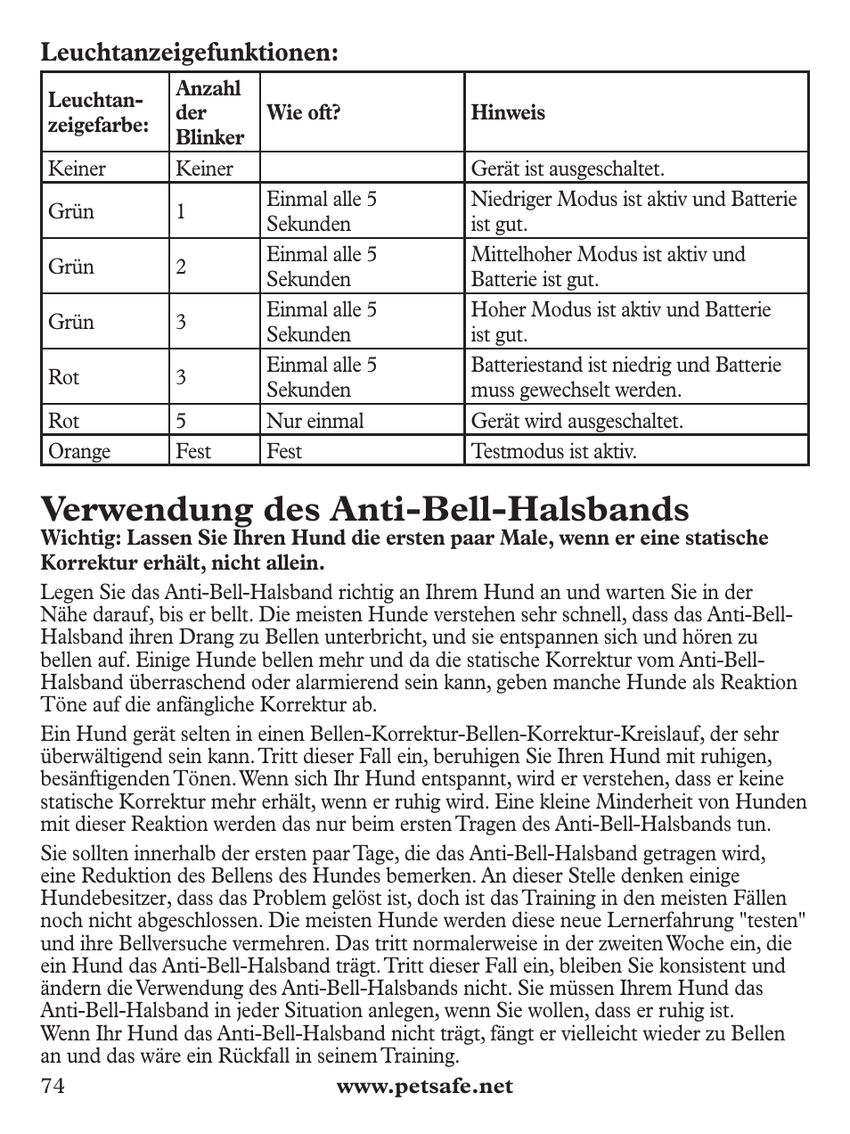 Verwendung des anti-bell-halsbands, Leuchtanzeigefunktionen | Petsafe Deluxe Bark Control User Manual | Page 74 / 96
