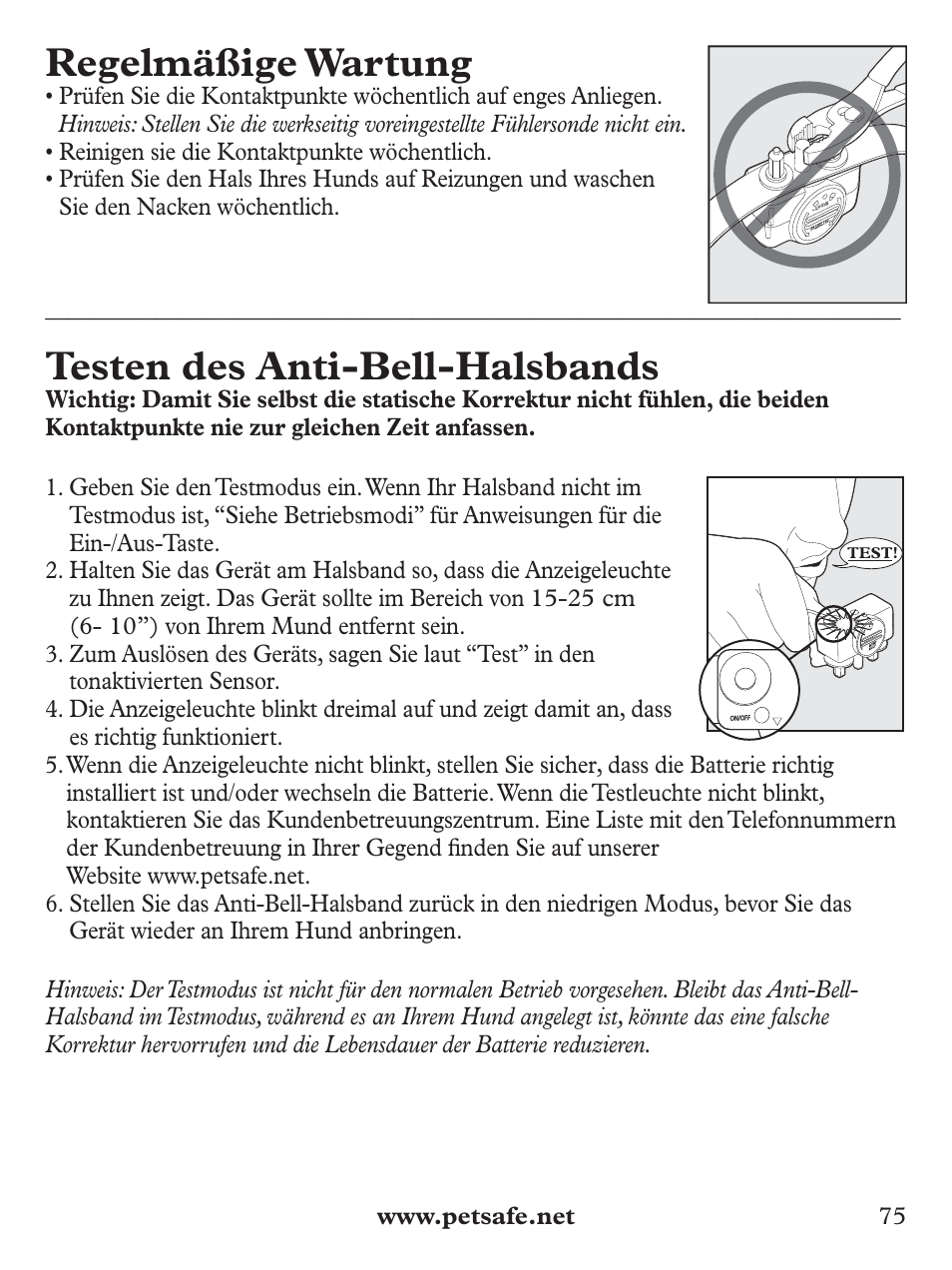 Regelmäßige wartung, Testen des anti-bell-halsbands | Petsafe Deluxe Bark Control User Manual | Page 75 / 96