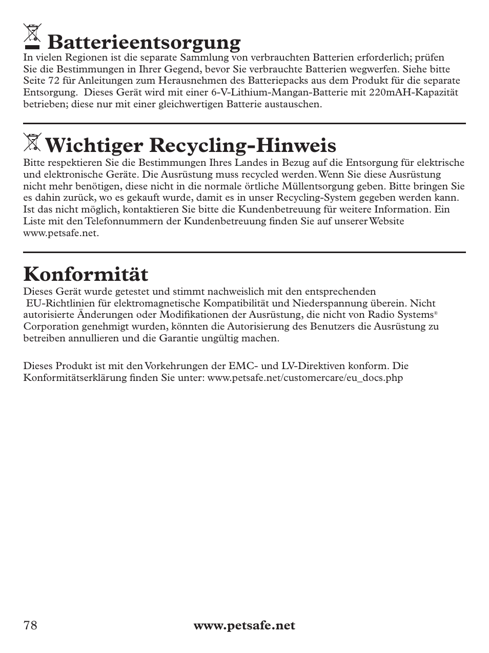 Batterieentsorgung, Wichtiger recycling-hinweis, Konformität | Petsafe Deluxe Bark Control User Manual | Page 78 / 96