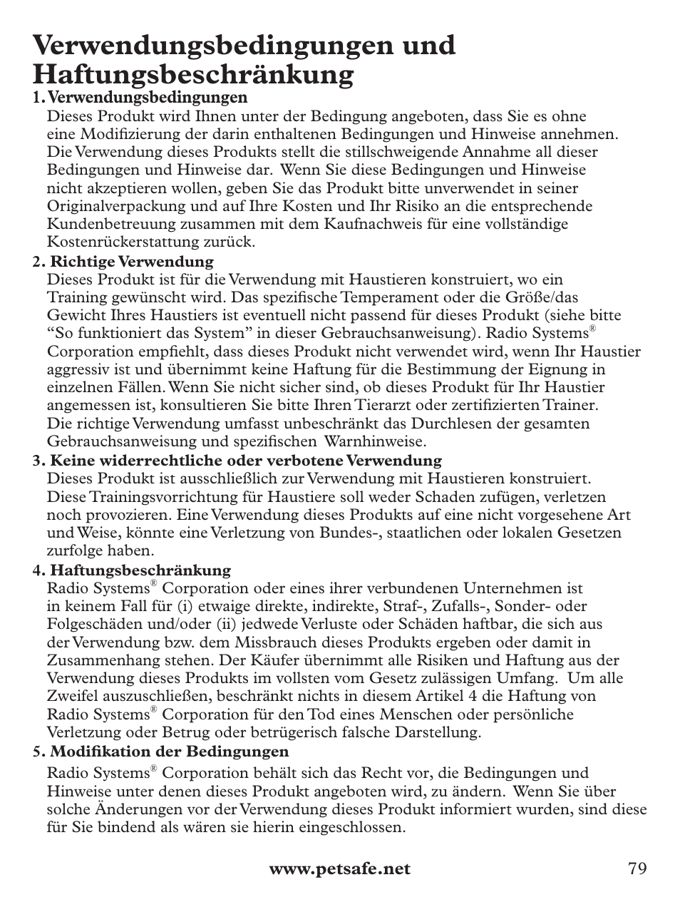 Verwendungsbedingungen und haftungsbeschränkung | Petsafe Deluxe Bark Control User Manual | Page 79 / 96