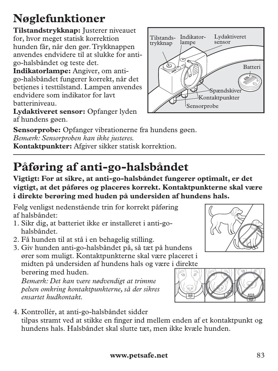 Nøglefunktioner, Påføring af anti-go-halsbåndet | Petsafe Deluxe Bark Control User Manual | Page 83 / 96