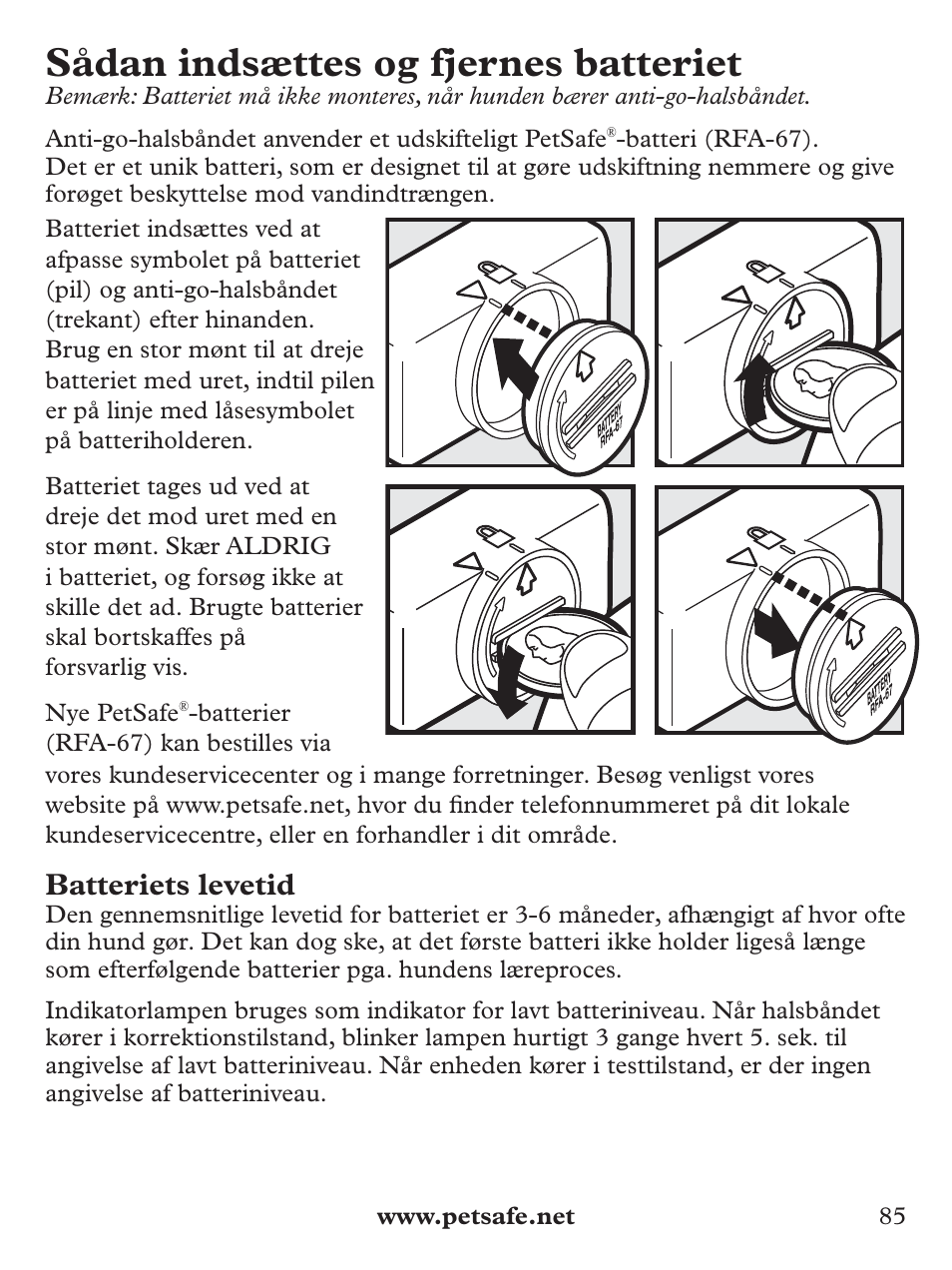 Sådan indsættes og fjernes batteriet, Batteriets levetid | Petsafe Deluxe Bark Control User Manual | Page 85 / 96