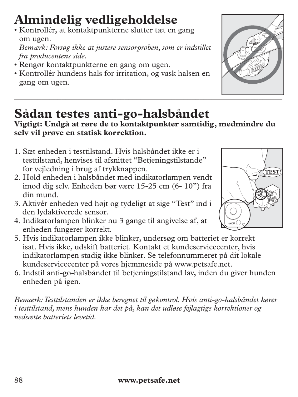 Almindelig vedligeholdelse, Sådan testes anti-go-halsbåndet | Petsafe Deluxe Bark Control User Manual | Page 88 / 96