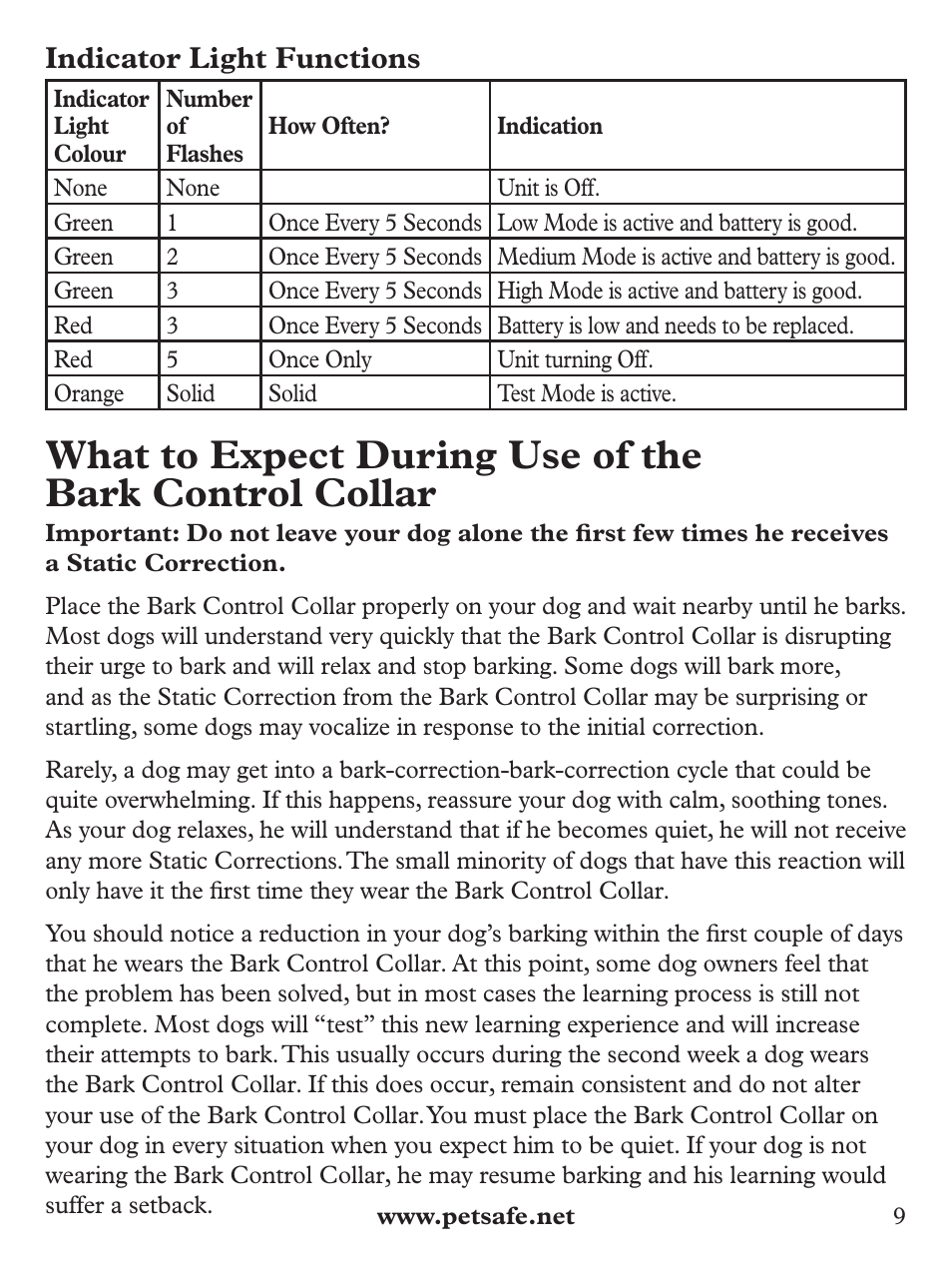 Indicator light functions | Petsafe Deluxe Bark Control User Manual | Page 9 / 96