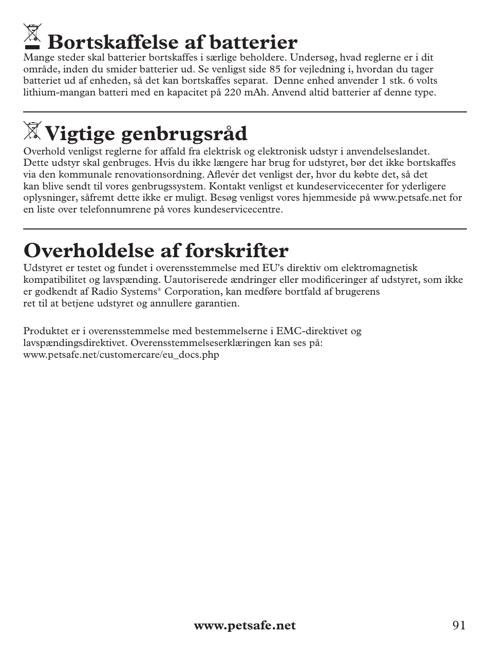 Bortskaffelse af batterier, Vigtige genbrugsråd, Overholdelse af forskrifter | Petsafe Deluxe Bark Control User Manual | Page 91 / 96