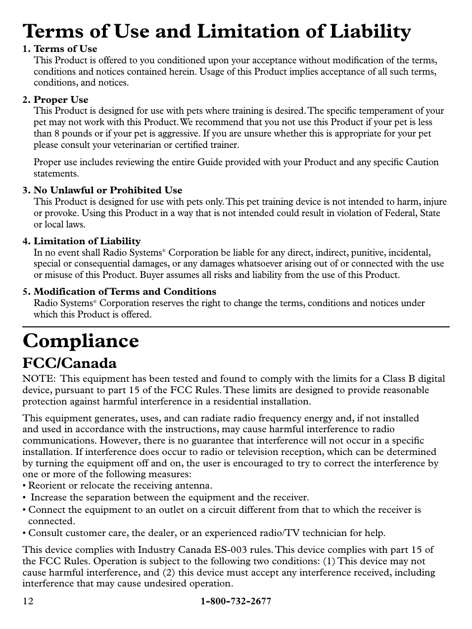 Terms of use and limitation of liability, Compliance, Fcc/canada | Petsafe Deluxe Bark Control User Manual | Page 12 / 16