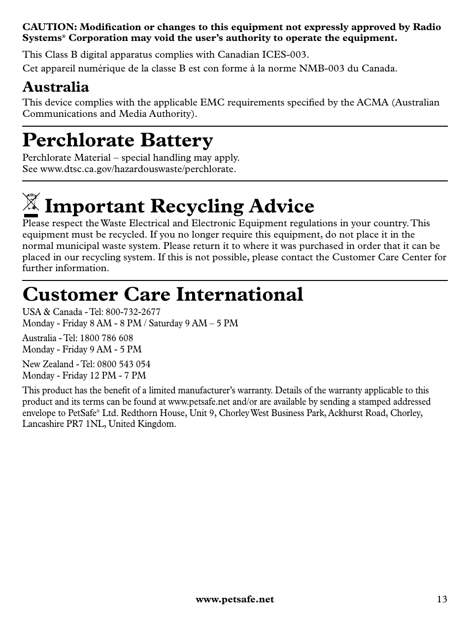 Perchlorate battery, Important recycling advice, Customer care international | Australia | Petsafe Deluxe Bark Control User Manual | Page 13 / 16