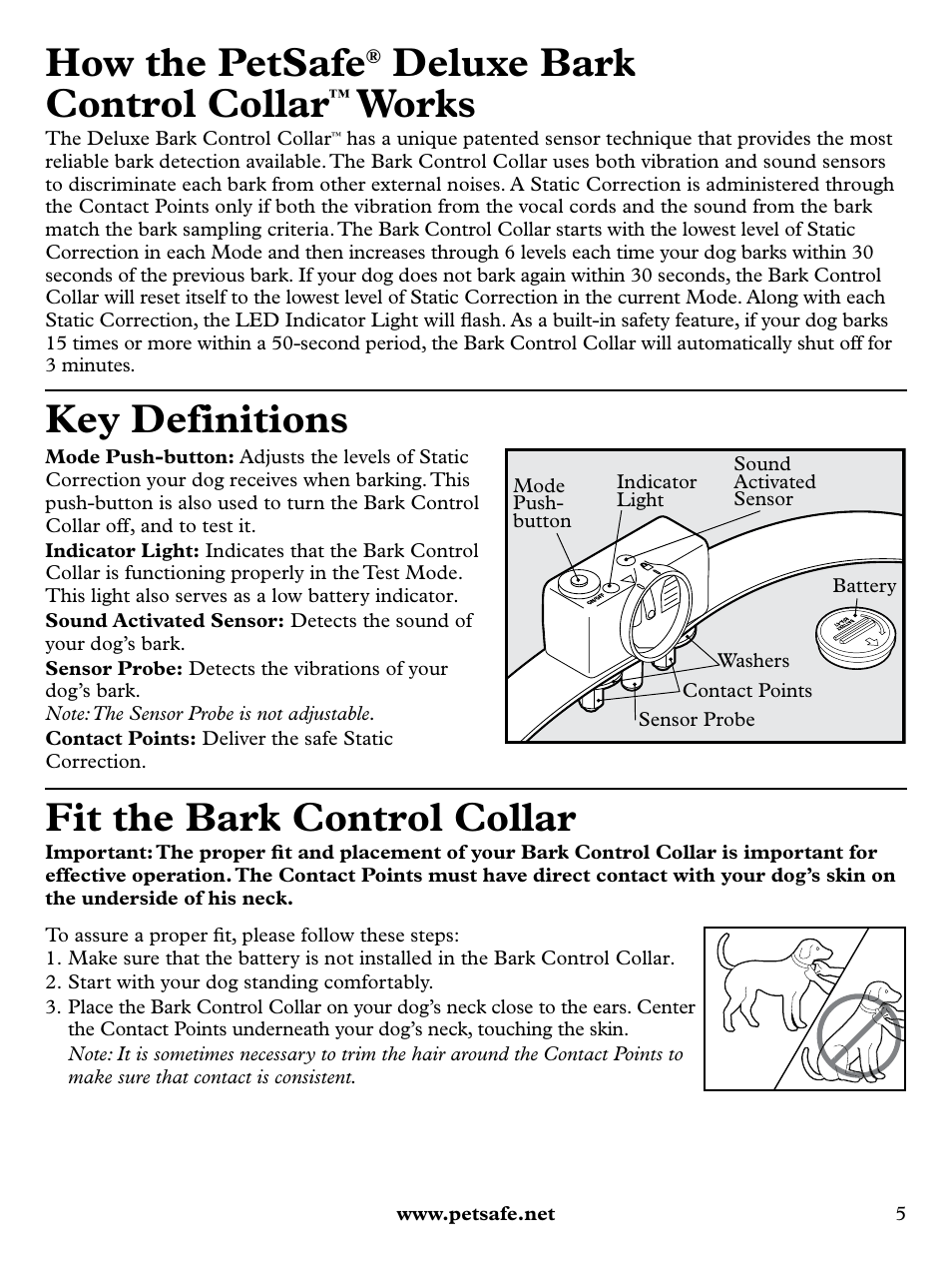 How the petsafe, Deluxe bark control collar, Works | Key definitions, Fit the bark control collar | Petsafe Deluxe Bark Control User Manual | Page 5 / 16