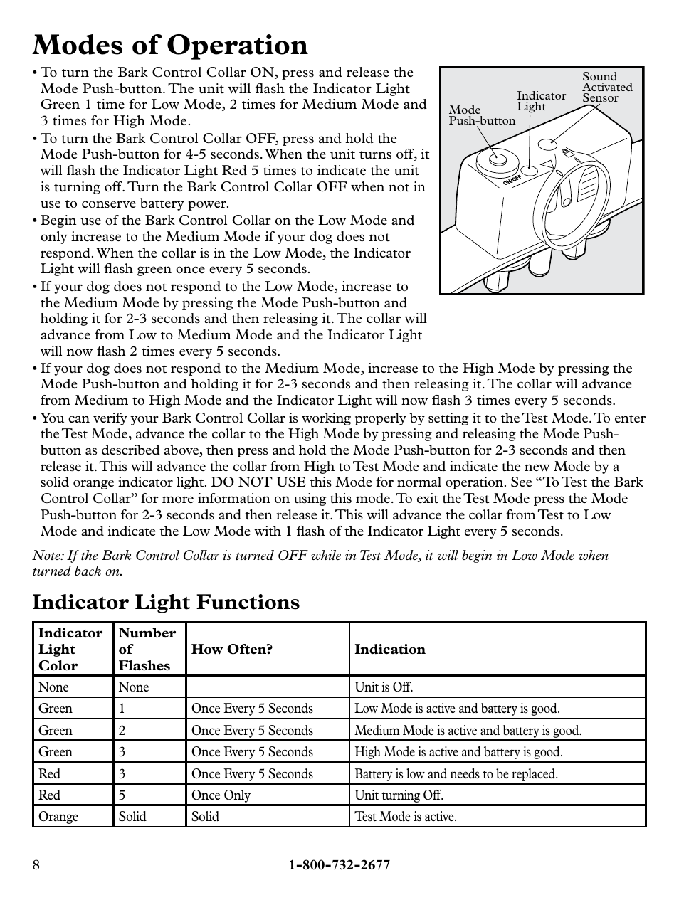 Modes of operation, Indicator light functions | Petsafe Deluxe Bark Control User Manual | Page 8 / 16