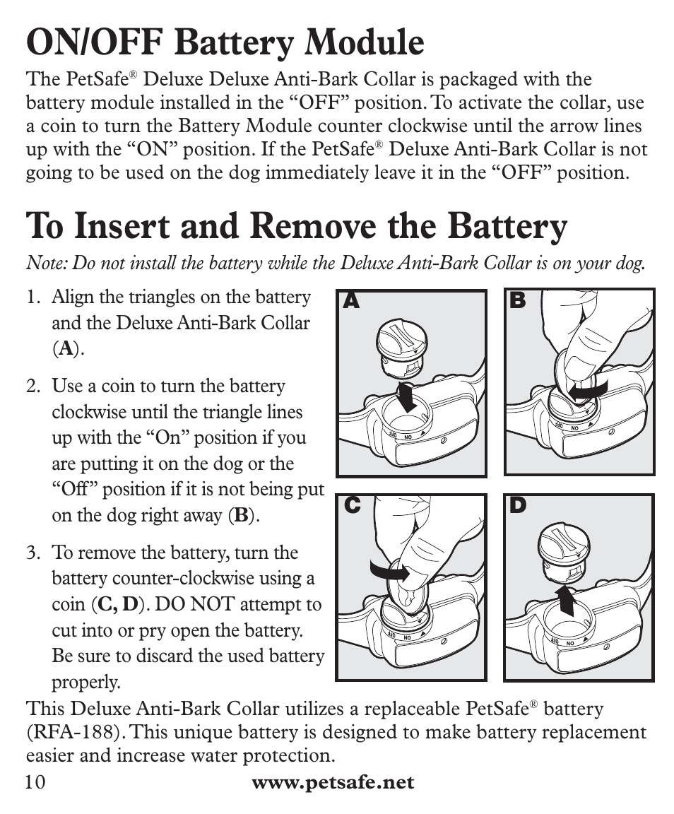 On/off battery module | Petsafe Deluxe Big Dog Bark Control User Manual | Page 10 / 120